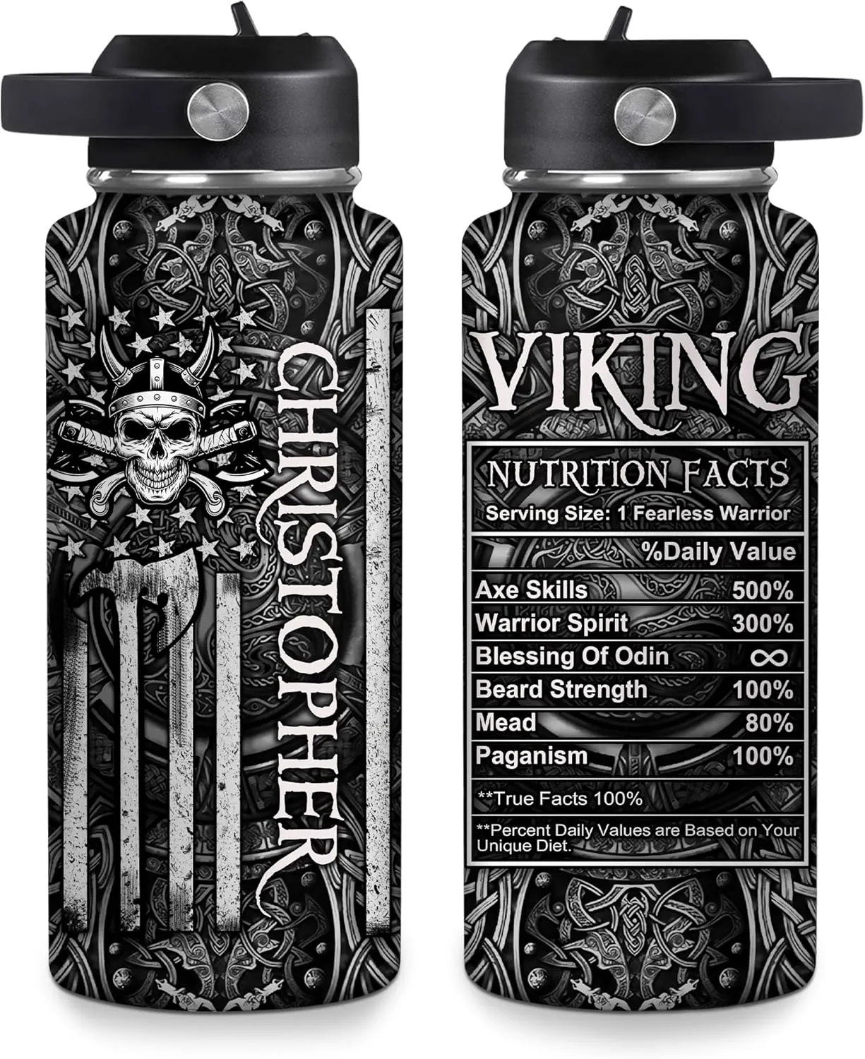 Hyturtle Personalized Viking Water Bottle - Travel Insulated Stainless Steel Bottle with Leak-Proof Lid 18oz 32oz - Viking Celtic Gifts for Men Dad Viking Lovers - Birthday & Christmas Gift