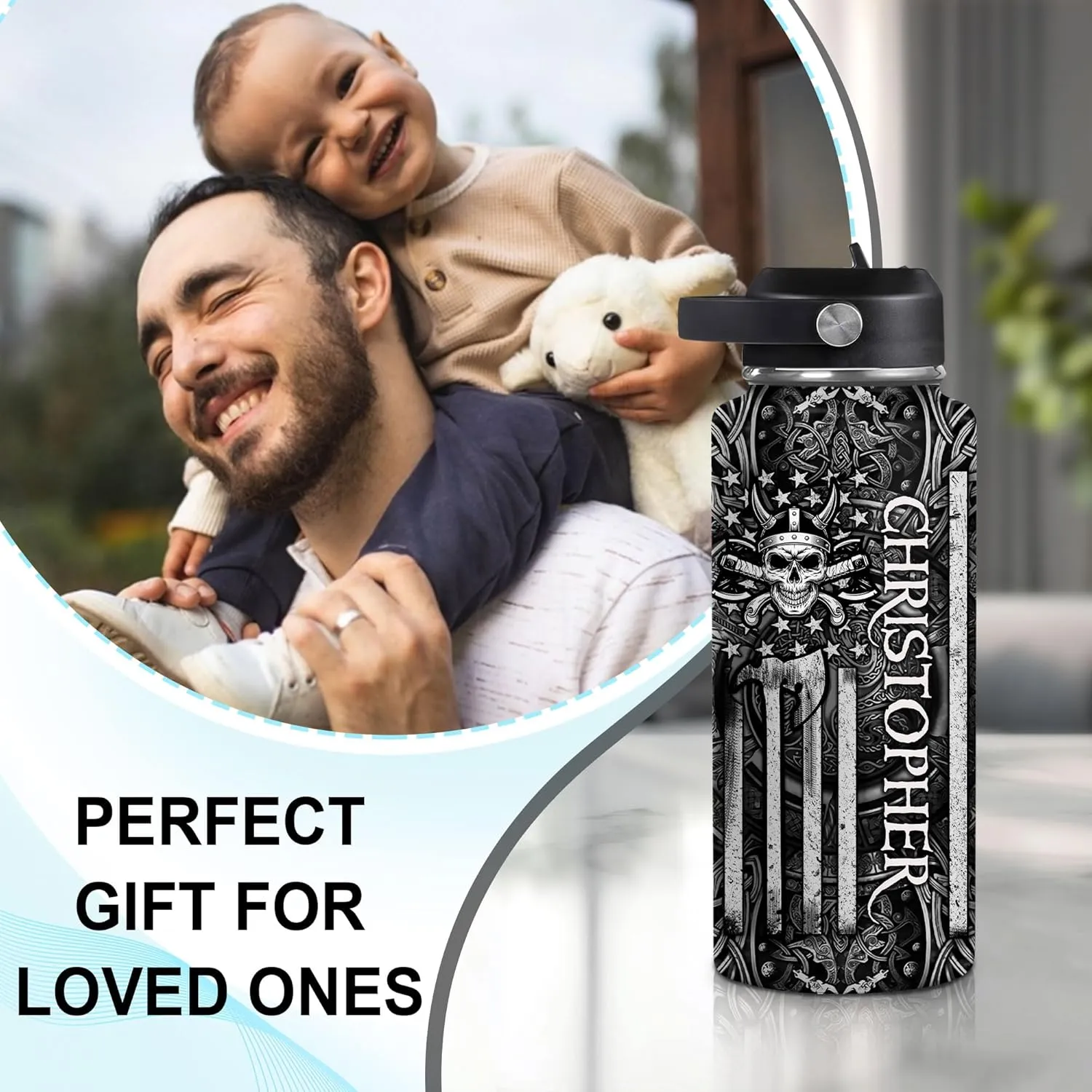 Hyturtle Personalized Viking Water Bottle - Travel Insulated Stainless Steel Bottle with Leak-Proof Lid 18oz 32oz - Viking Celtic Gifts for Men Dad Viking Lovers - Birthday & Christmas Gift