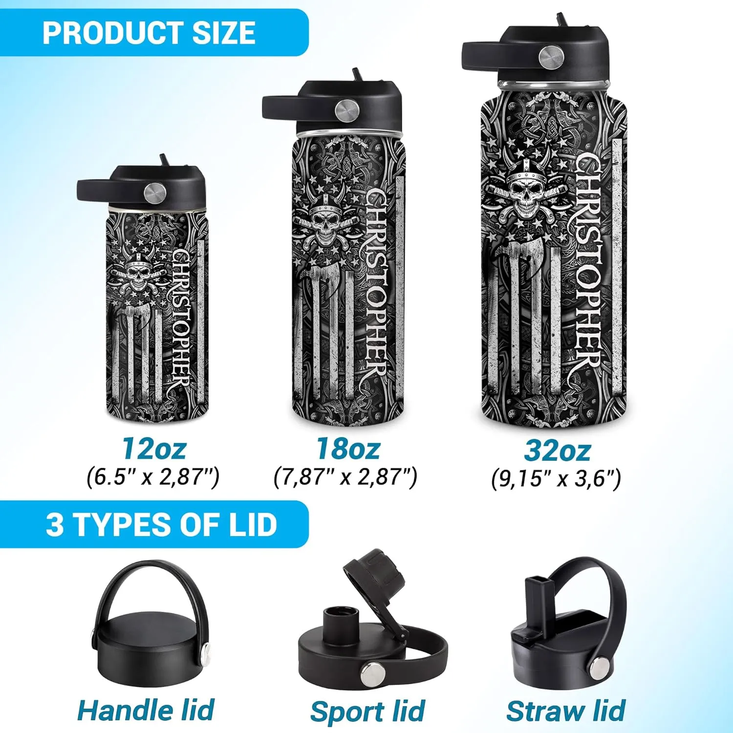 Hyturtle Personalized Viking Water Bottle - Travel Insulated Stainless Steel Bottle with Leak-Proof Lid 18oz 32oz - Viking Celtic Gifts for Men Dad Viking Lovers - Birthday & Christmas Gift