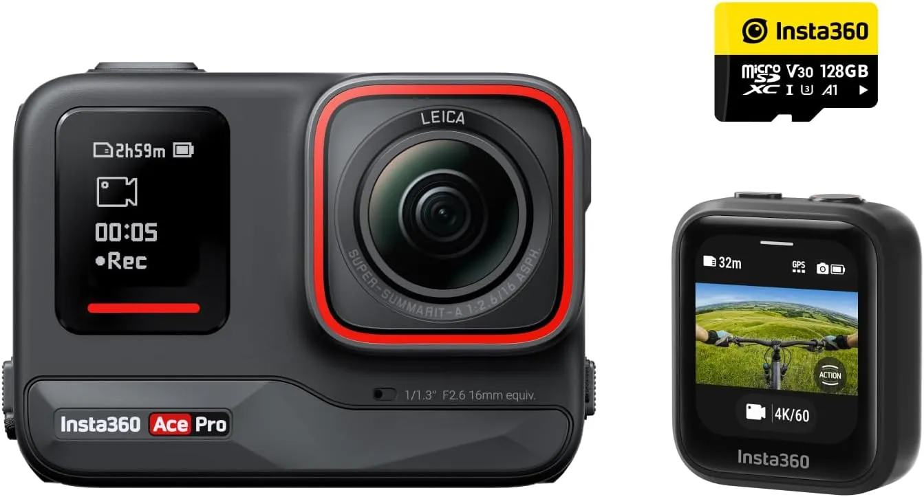 Insta360 Ace Pro GPS Kit - Waterproof Action Camera Co-Engineered with Leica, Flagship 1/1.3" Sensor and AI Noise Reduction for Unbeatable Image Quality, 4K120fps, 2.4" Flip Screen & AI Features