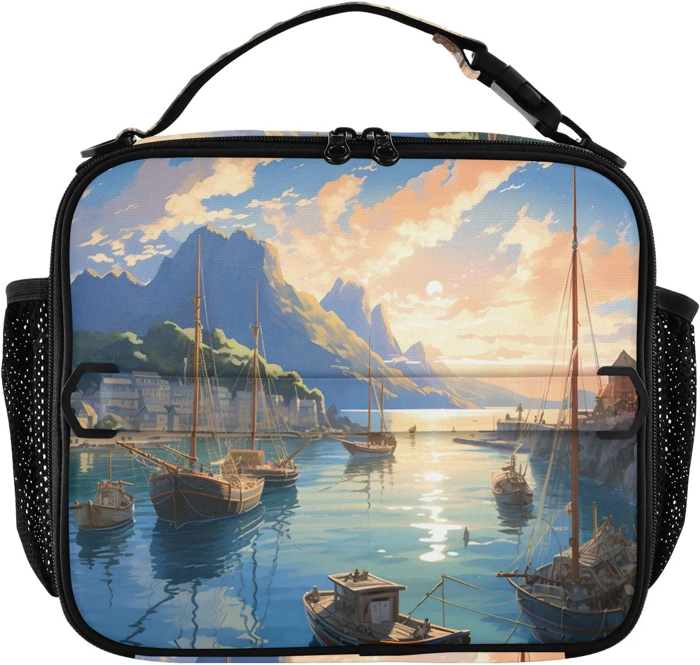 Insulated Lunch Bag Lunch box Cooler Bag for Women Men Sailing Sailboat Seaway Reusable Portable with Shoulder Strap