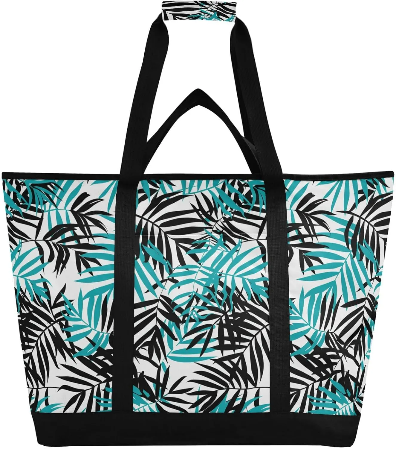 Insulated Soft Sided Cooler Bag for Hot/Cold Food Insulated Grocery Bag for Shopping Food Travel Beach Camping Teal and Black Palm Leaves