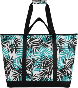 Insulated Soft Sided Cooler Bag for Hot/Cold Food Insulated Grocery Bag for Shopping Food Travel Beach Camping Teal and Black Palm Leaves