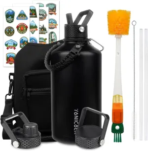 Insulated Water Bottle 128oz,Triple Wall Vacuum Stainless Steel(Dishwasher Safe),Leak Proof & Non-BPA,Flask Jug with Paracord Handle & Straw Spout Lids Sports Black