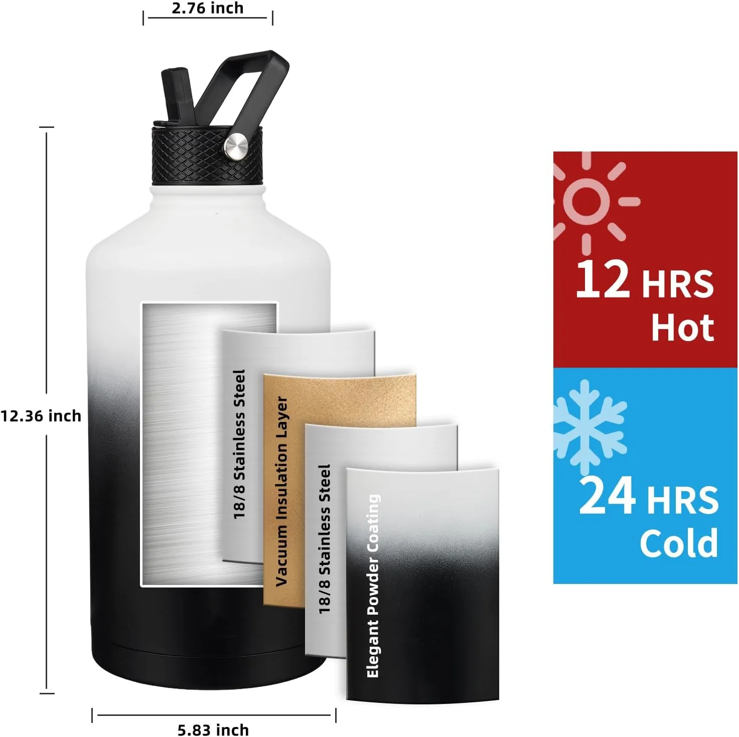 Insulated Water Bottle 128oz,Triple Wall Vacuum Stainless Steel(Dishwasher Safe),Leak Proof & Non-BPA,Flask Jug with Paracord Handle & Straw Spout Lids Sports Gradient black