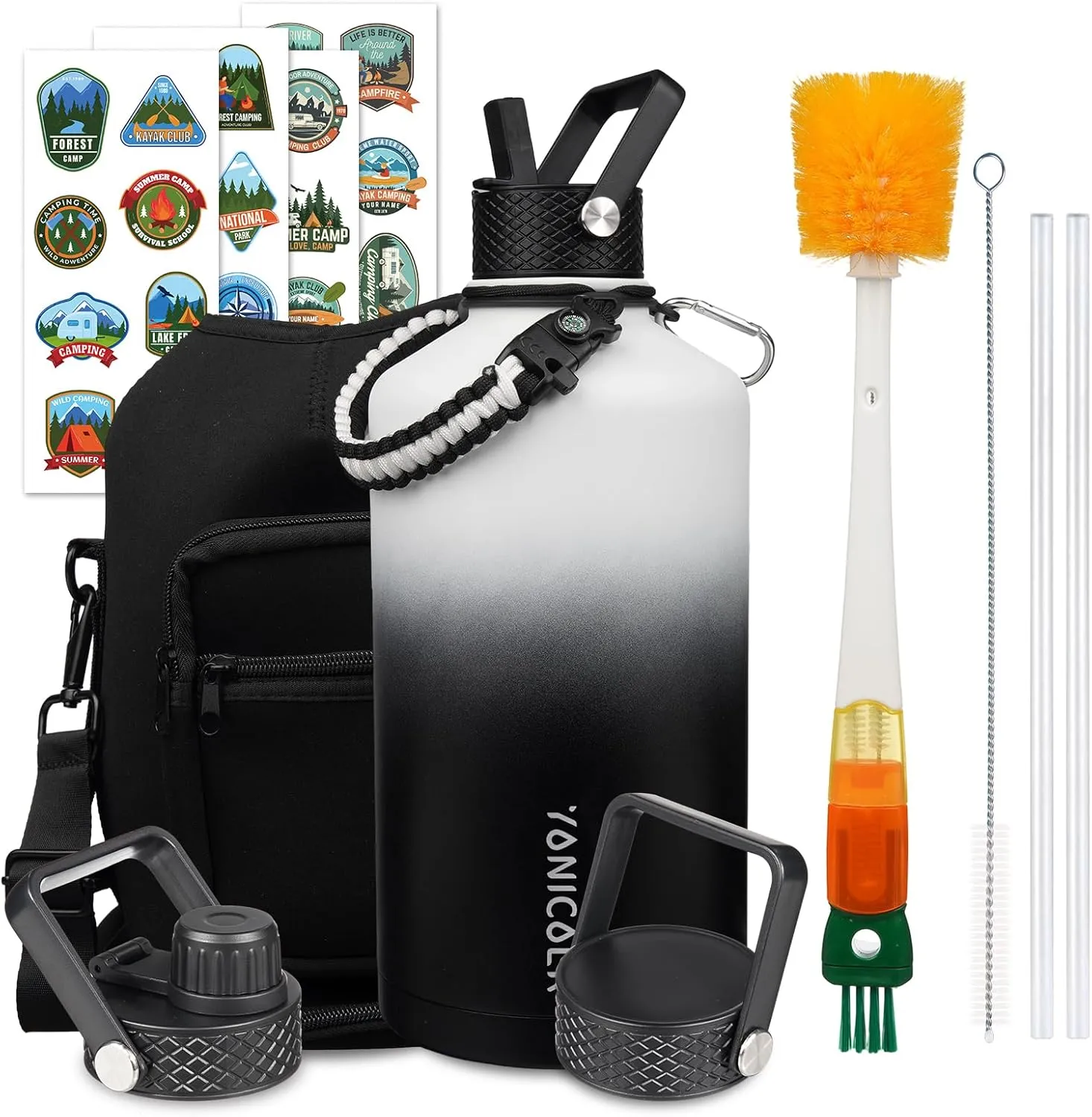 Insulated Water Bottle 128oz,Triple Wall Vacuum Stainless Steel(Dishwasher Safe),Leak Proof & Non-BPA,Flask Jug with Paracord Handle & Straw Spout Lids Sports Gradient black