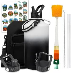 Insulated Water Bottle 128oz,Triple Wall Vacuum Stainless Steel(Dishwasher Safe),Leak Proof & Non-BPA,Flask Jug with Paracord Handle & Straw Spout Lids Sports Gradient black