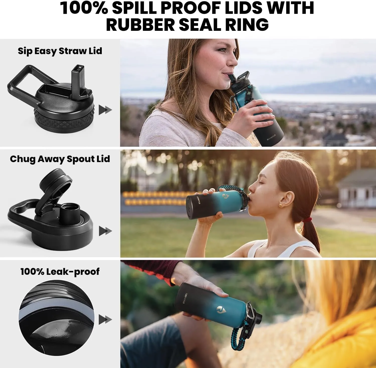 Insulated Water Bottle 32 oz, Triple Wall Vacuum Stainless Steel (Cold for 48 Hrs, Hot for 24Hrs), Leak Proof & Non-BPA, 32oz Hydro Water Flask with Paracord Handle & Straw Spout Lids