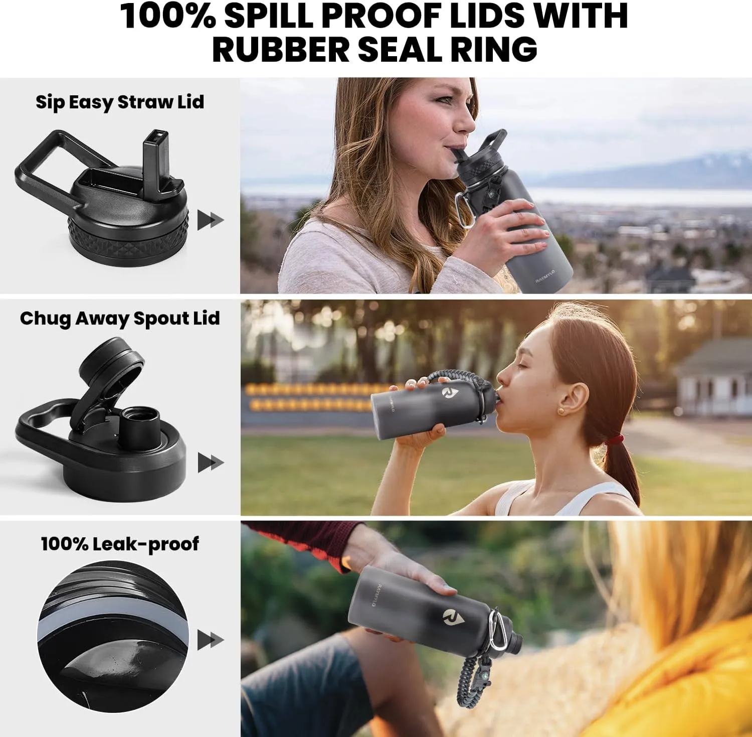 Insulated Water Bottle 32 oz, Triple Wall Vacuum Stainless Steel (Cold for 48 Hrs), Leak Proof & Non-BPA, Modern Water Flask Jug with Paracord Handle & Straw Spout Lids, Dark Grey