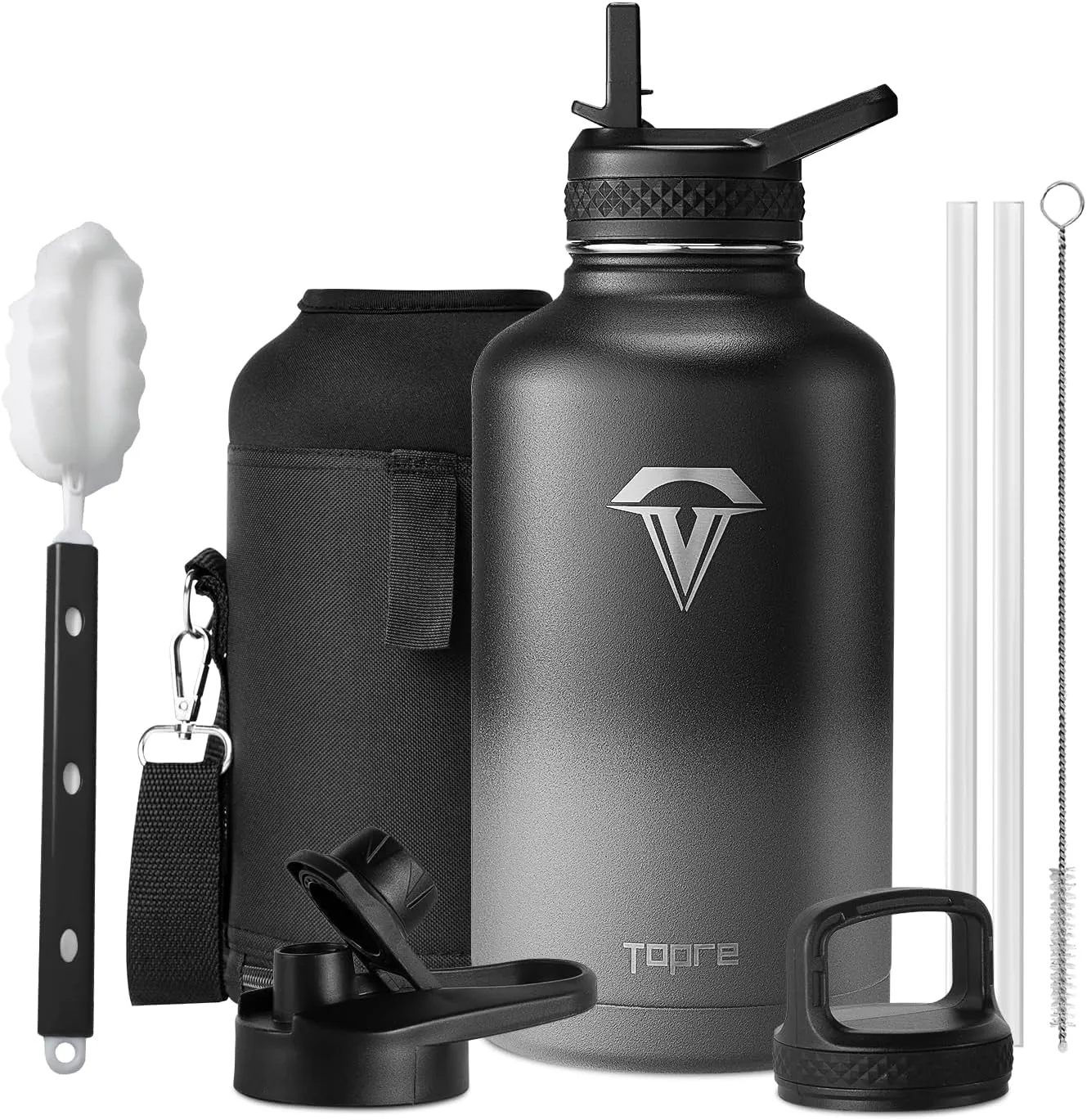 Insulated Water Bottle 64 oz, Topre 1/2 Gallon Vacuum Stainless Steel Sports Water Jug Flask with Straw Lids, Leak Proof Wide Mouth BPA-free Reusable Double Walled Mug for Outdoor Biking