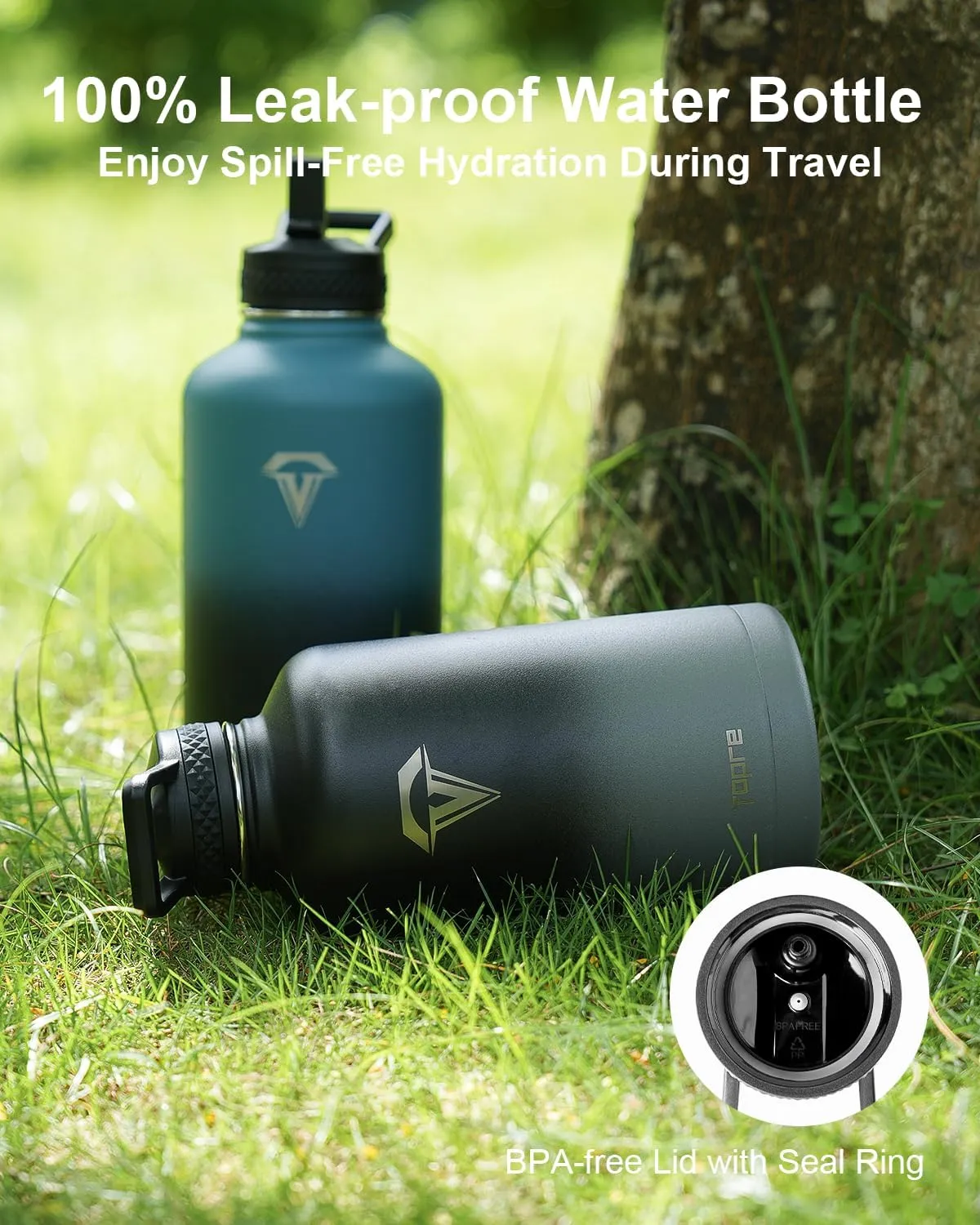 Insulated Water Bottle 64 oz, Topre 1/2 Gallon Vacuum Stainless Steel Sports Water Jug Flask with Straw Lids, Leak Proof Wide Mouth BPA-free Reusable Double Walled Mug for Outdoor Biking