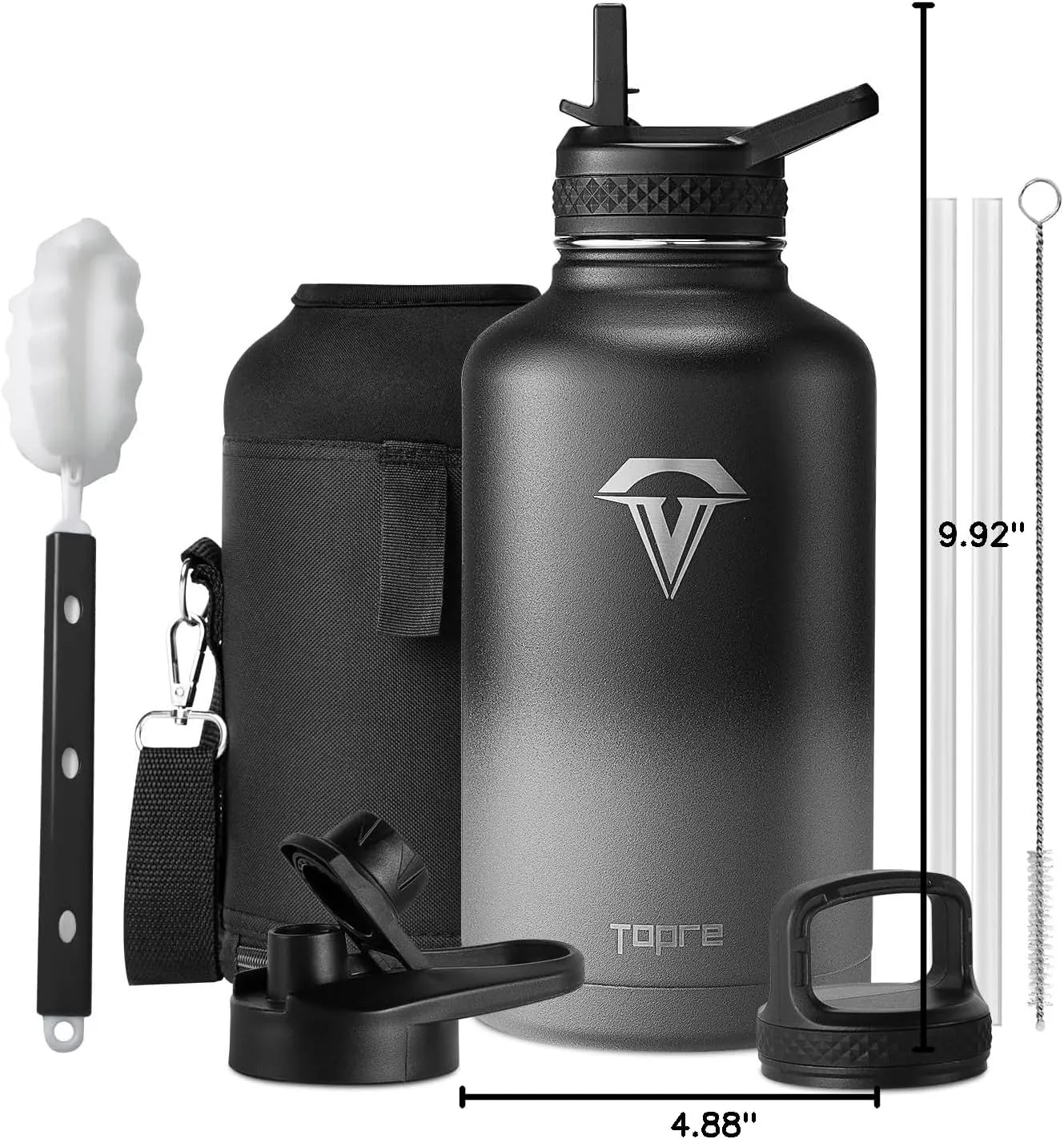 Insulated Water Bottle 64 oz, Topre 1/2 Gallon Vacuum Stainless Steel Sports Water Jug Flask with Straw Lids, Leak Proof Wide Mouth BPA-free Reusable Double Walled Mug for Outdoor Biking