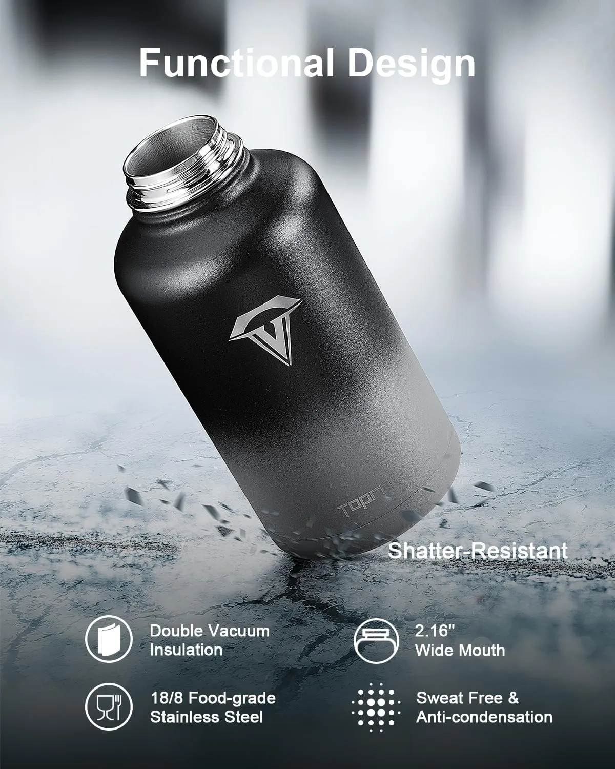 Insulated Water Bottle 64 oz, Topre 1/2 Gallon Vacuum Stainless Steel Sports Water Jug Flask with Straw Lids, Leak Proof Wide Mouth BPA-free Reusable Double Walled Mug for Outdoor Biking