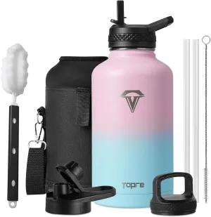 Insulated Water Bottle 64 oz, Topre 1/2 Gallon Vacuum Stainless Steel Sports Water Jug Flask with Straw Lids, Leak Proof Wide Mouth BPA-free Reusable Double Walled Mug for Outdoor Biking