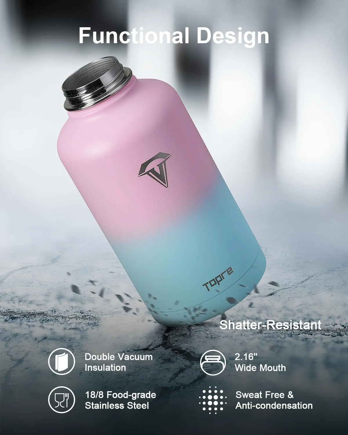 Insulated Water Bottle 64 oz, Topre 1/2 Gallon Vacuum Stainless Steel Sports Water Jug Flask with Straw Lids, Leak Proof Wide Mouth BPA-free Reusable Double Walled Mug for Outdoor Biking