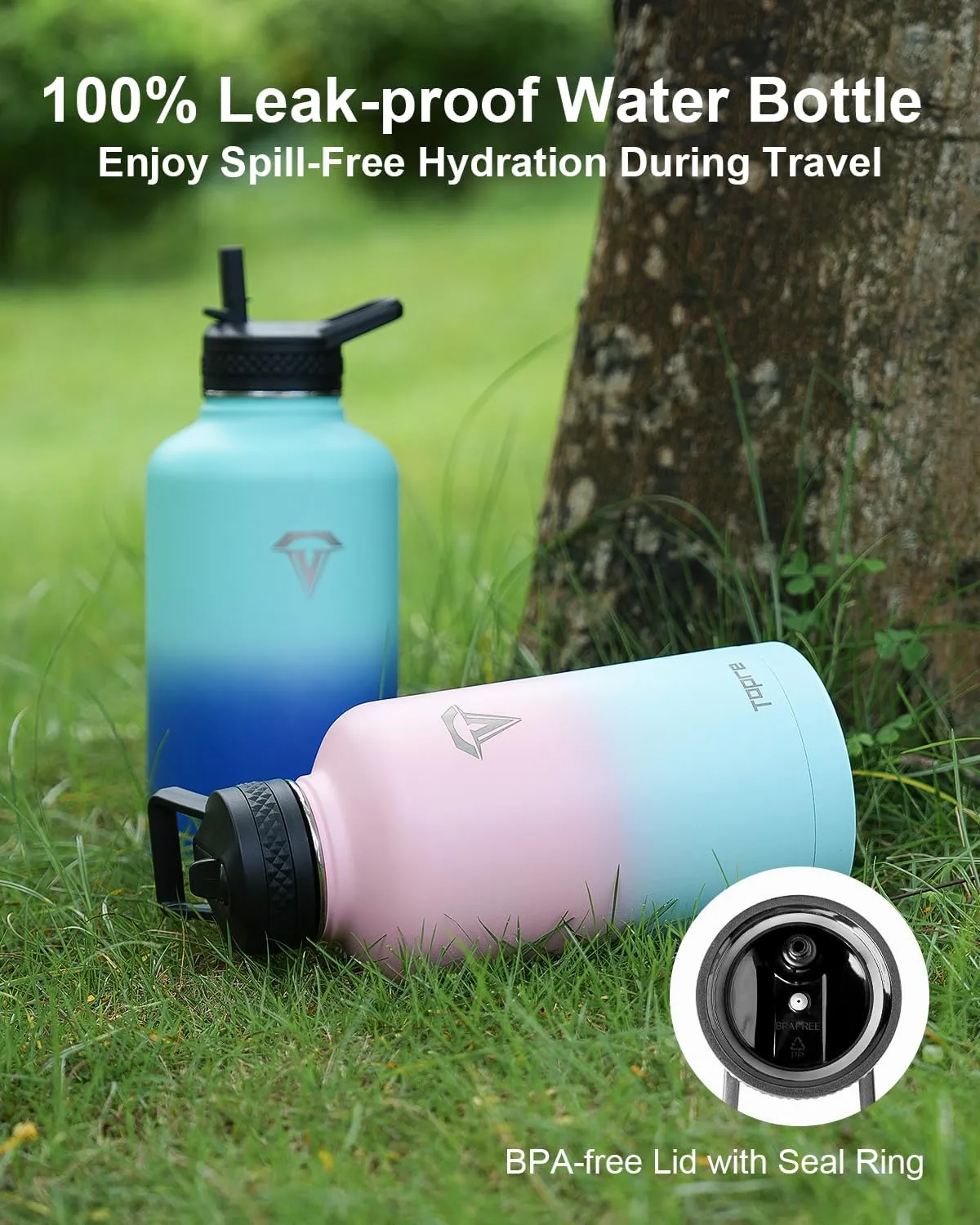 Insulated Water Bottle 64 oz, Topre 1/2 Gallon Vacuum Stainless Steel Sports Water Jug Flask with Straw Lids, Leak Proof Wide Mouth BPA-free Reusable Double Walled Mug for Outdoor Biking