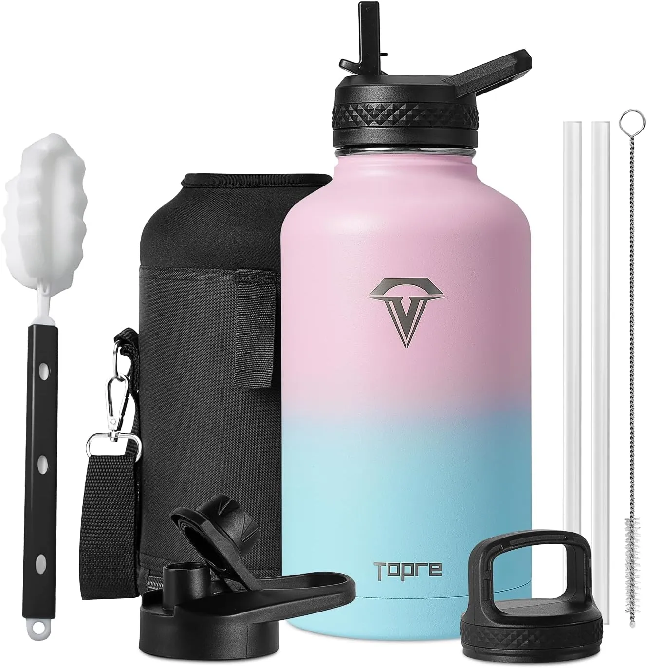 Insulated Water Bottle 64 oz, Topre 1/2 Gallon Vacuum Stainless Steel Sports Water Jug Flask with Straw Lids, Leak Proof Wide Mouth BPA-free Reusable Double Walled Mug for Outdoor Biking