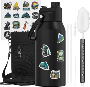 Insulated Water Bottle 64 oz, Triple Wall Vacuum Stainless Steel (Cold for 48 Hrs), Leak Proof, Half Gallon Water Flask Jug with 2-in-1 Drinking Lids & DIY Stickers