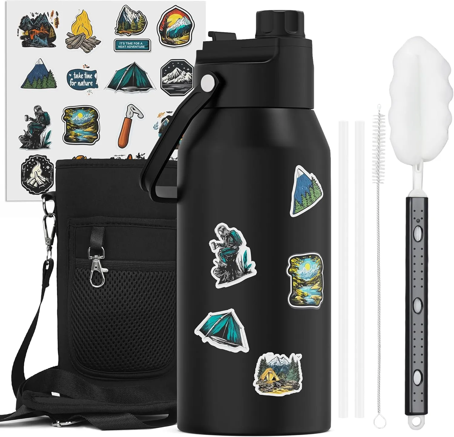 Insulated Water Bottle 64 oz, Triple Wall Vacuum Stainless Steel (Cold for 48 Hrs), Leak Proof, Half Gallon Water Flask Jug with 2-in-1 Drinking Lids & DIY Stickers