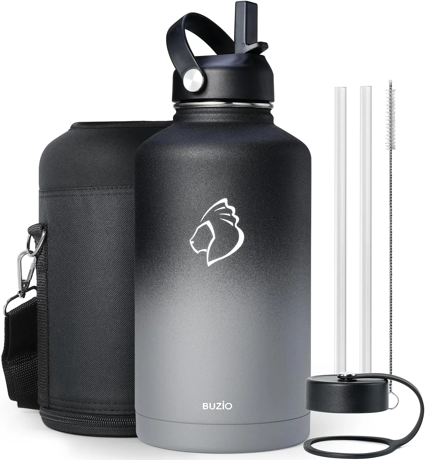 Insulated Water Bottle 64 oz with Straw Lid and Flex Lid, BUZIO 64oz Stainless Steel Water Bottle Half Gallon Jug Flask, Double Wall Vacuum Sports Thermo Mug, Cold Hot Hydro Metal Canteen