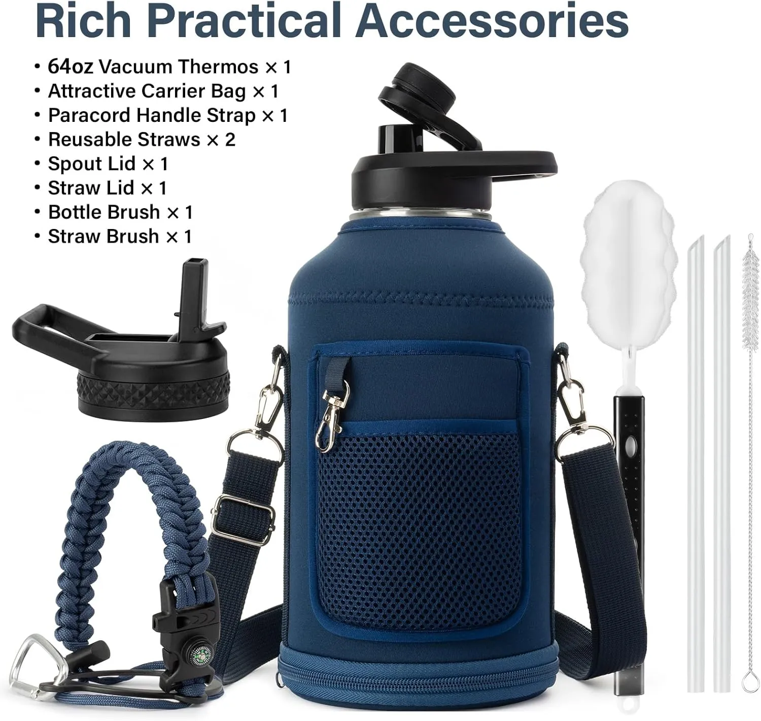 Insulated Water Bottle | Thickened Stainless Steel Vacuum Metal Thermos | Portable Sports Half Gallon Large Water Jug for Gym and Hiking with Straw, Carrier Bag, Handle Strap | BPA-Free 64 oz