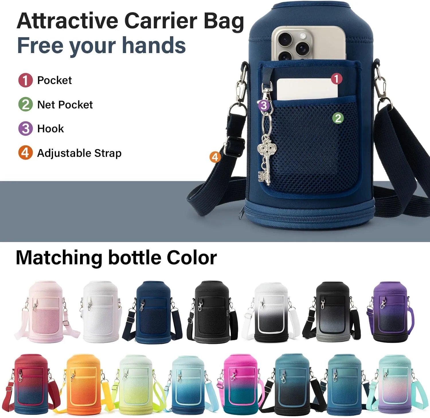 Insulated Water Bottle | Thickened Stainless Steel Vacuum Metal Thermos | Portable Sports Half Gallon Large Water Jug for Gym and Hiking with Straw, Carrier Bag, Handle Strap | BPA-Free 64 oz
