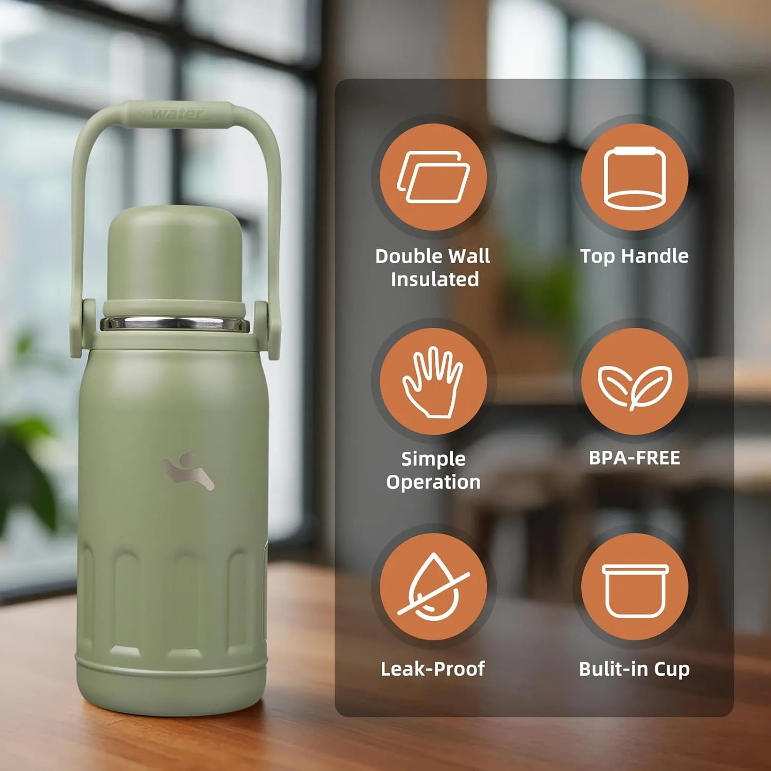 Insulated Water Bottle with Handle and Strap,Vacuum Travel Tumbler with Cup Lid,Thermo Coffee Cup for Hot Cold Drinks 27 OZ,Army Green