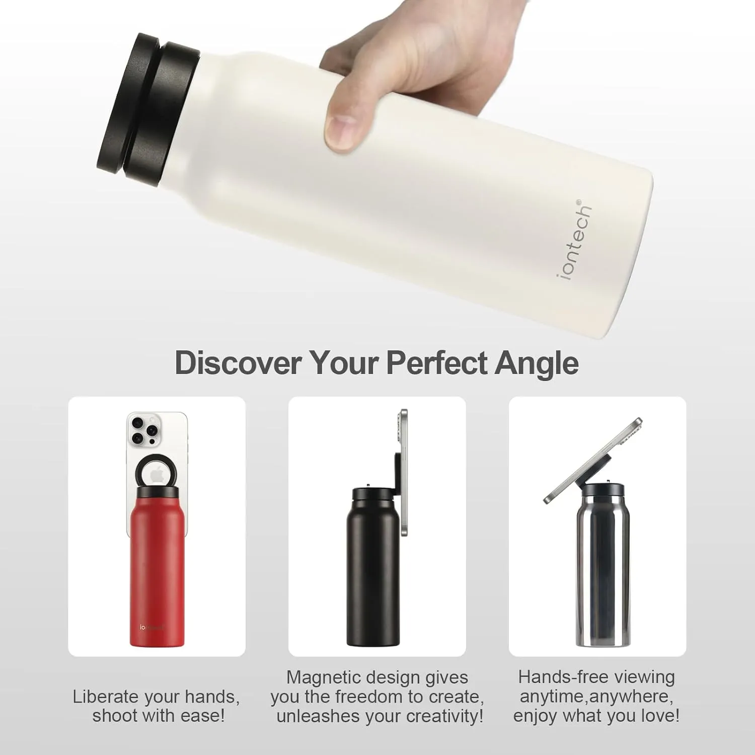Insulated Water Bottle with Magnetic Phone Holder Compatible with MagSafe and iPhone, Stainless Steel Water Bottle Phone Mount For Sports Travel School, Hot 12H Cold 24H, 24oz (Red)