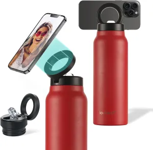 Insulated Water Bottle with Magnetic Phone Holder Compatible with MagSafe and iPhone, Stainless Steel Water Bottle Phone Mount For Sports Travel School, Hot 12H Cold 24H, 24oz (Red)