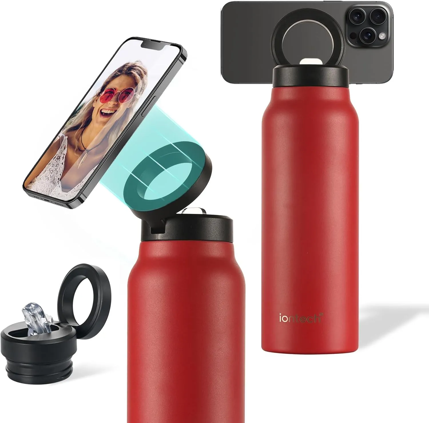 Insulated Water Bottle with Magnetic Phone Holder Compatible with MagSafe and iPhone, Stainless Steel Water Bottle Phone Mount For Sports Travel School, Hot 12H Cold 24H, 24oz (Red)
