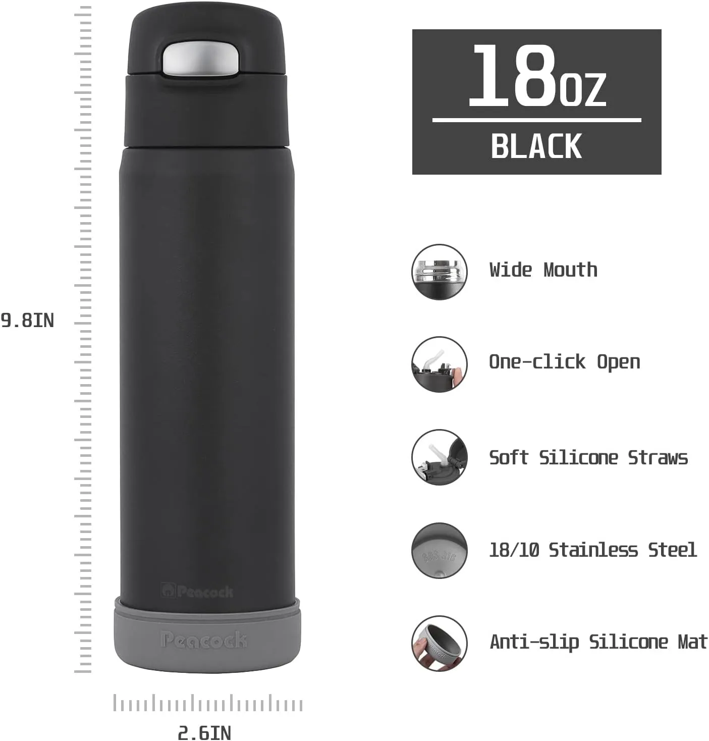 Insulated Water Bottle with Straw, Flip-up Stainless Steel Leakproof BPA-Free 18oz Thermos with Straw for Back to School