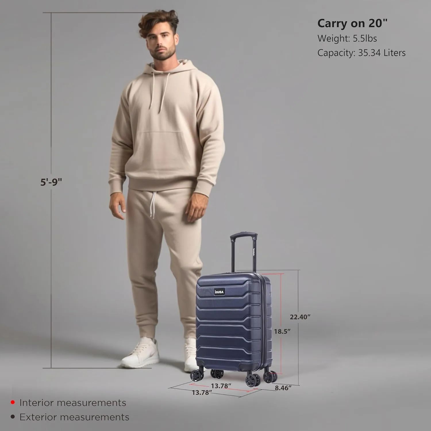 InUSA TREND Luggage with Spinner Wheels | Durable Lightweight Hardshell Suitcase, Travel bag with Handle and Trolley, 20-Inch Carry On Small Luggage | Blue