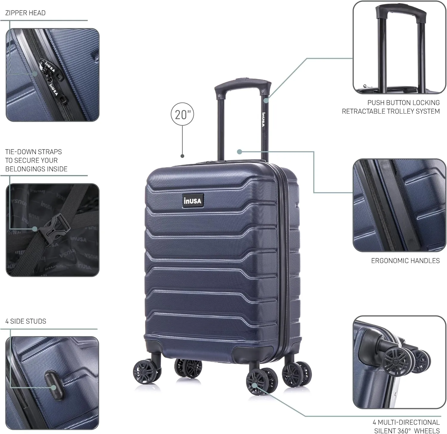InUSA TREND Luggage with Spinner Wheels | Durable Lightweight Hardshell Suitcase, Travel bag with Handle and Trolley, 20-Inch Carry On Small Luggage | Blue