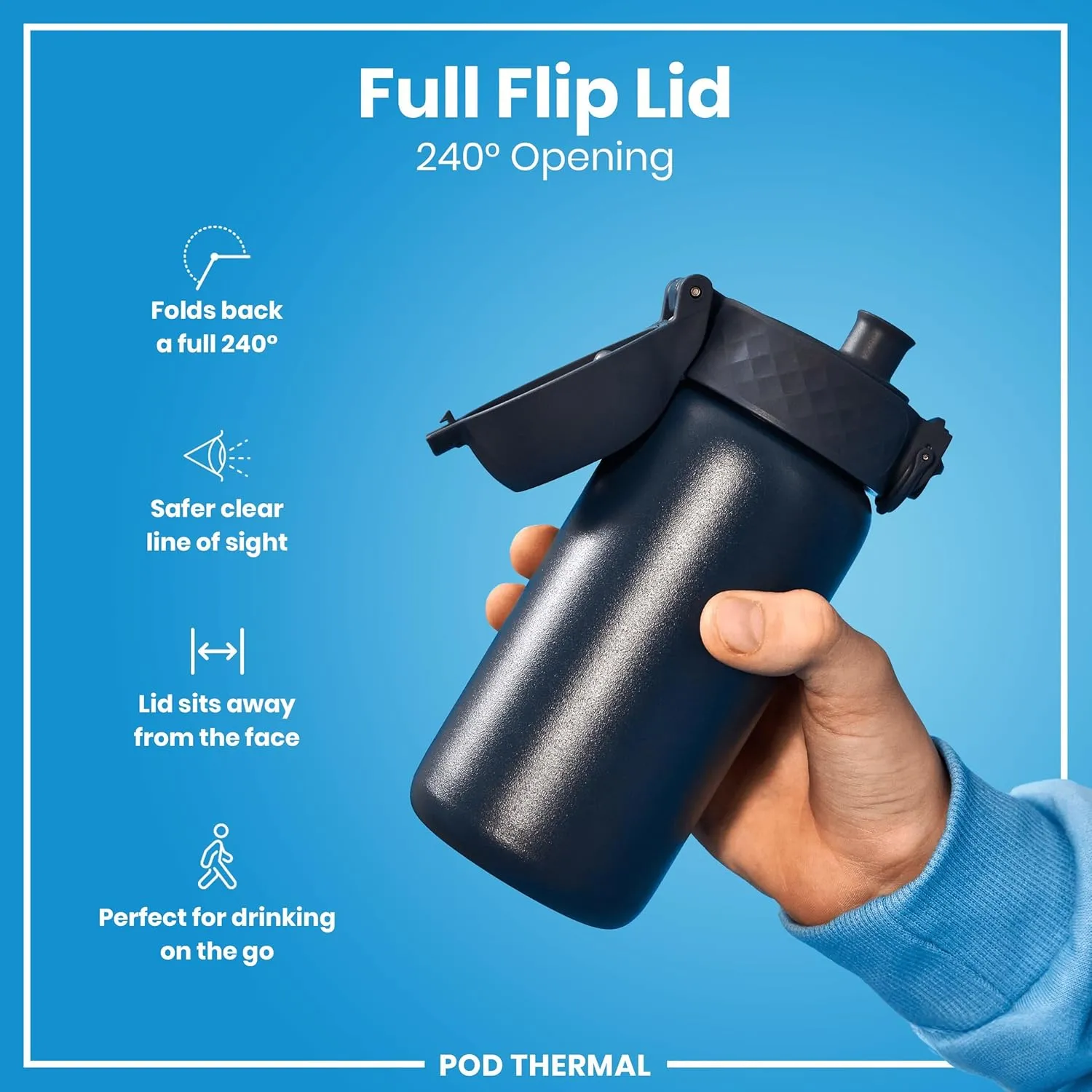 ION8 Insulated Steel Water Bottle, 320 ml/11 oz, Leak Proof, Easy to Open, Secure Lock, Dishwasher Safe, Carry Handle, Flip Cover, Scratch Resistant, Durable Stainless Steel, Carbon Neutral, Ash Navy