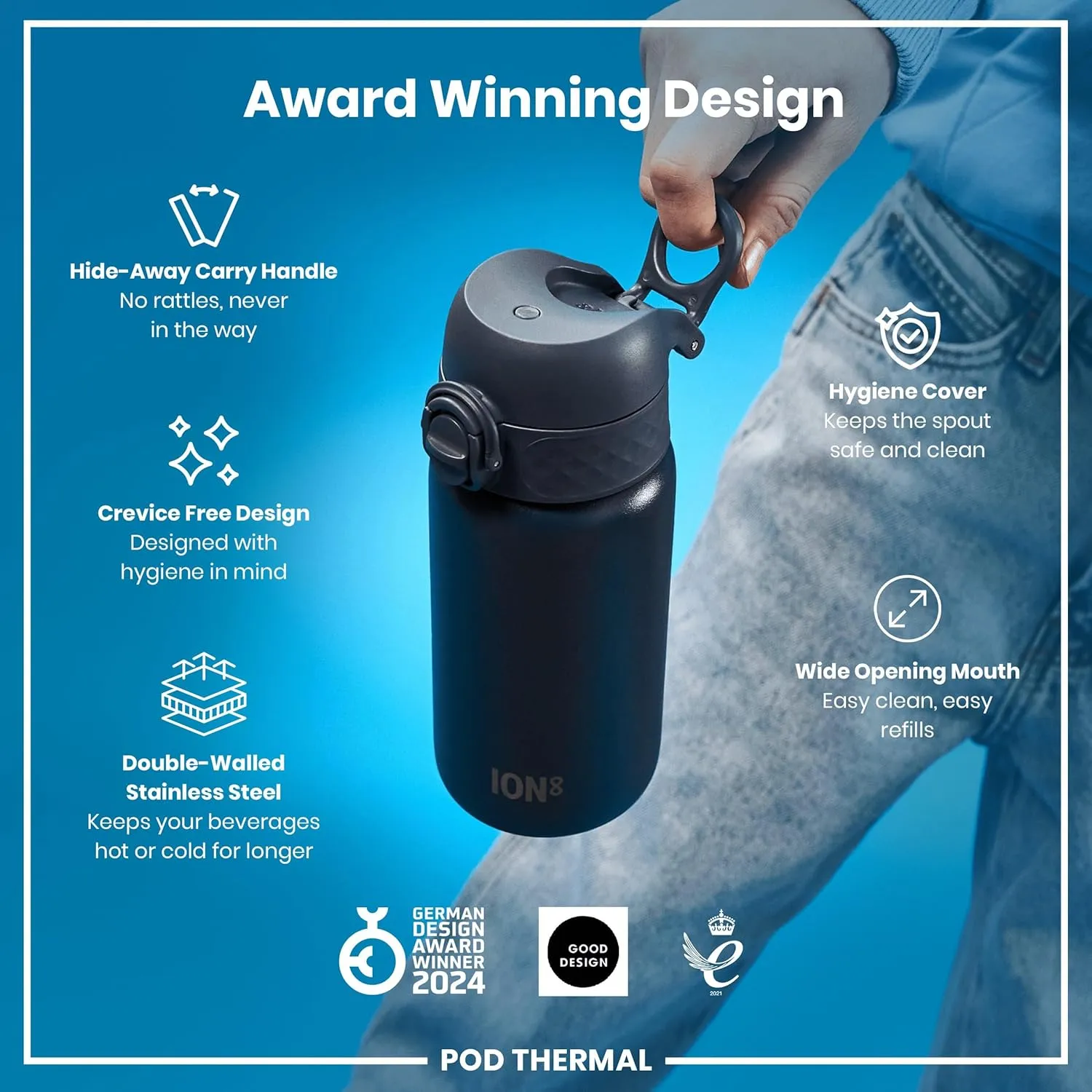 ION8 Insulated Steel Water Bottle, 320 ml/11 oz, Leak Proof, Easy to Open, Secure Lock, Dishwasher Safe, Carry Handle, Flip Cover, Scratch Resistant, Durable Stainless Steel, Carbon Neutral, Ash Navy