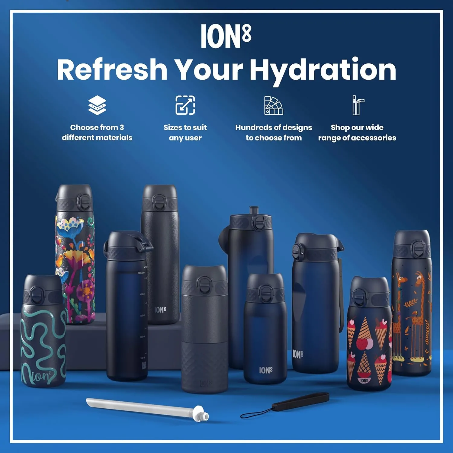 ION8 Insulated Steel Water Bottle, 320 ml/11 oz, Leak Proof, Easy to Open, Secure Lock, Dishwasher Safe, Carry Handle, Flip Cover, Scratch Resistant, Durable Stainless Steel, Carbon Neutral, Ash Navy