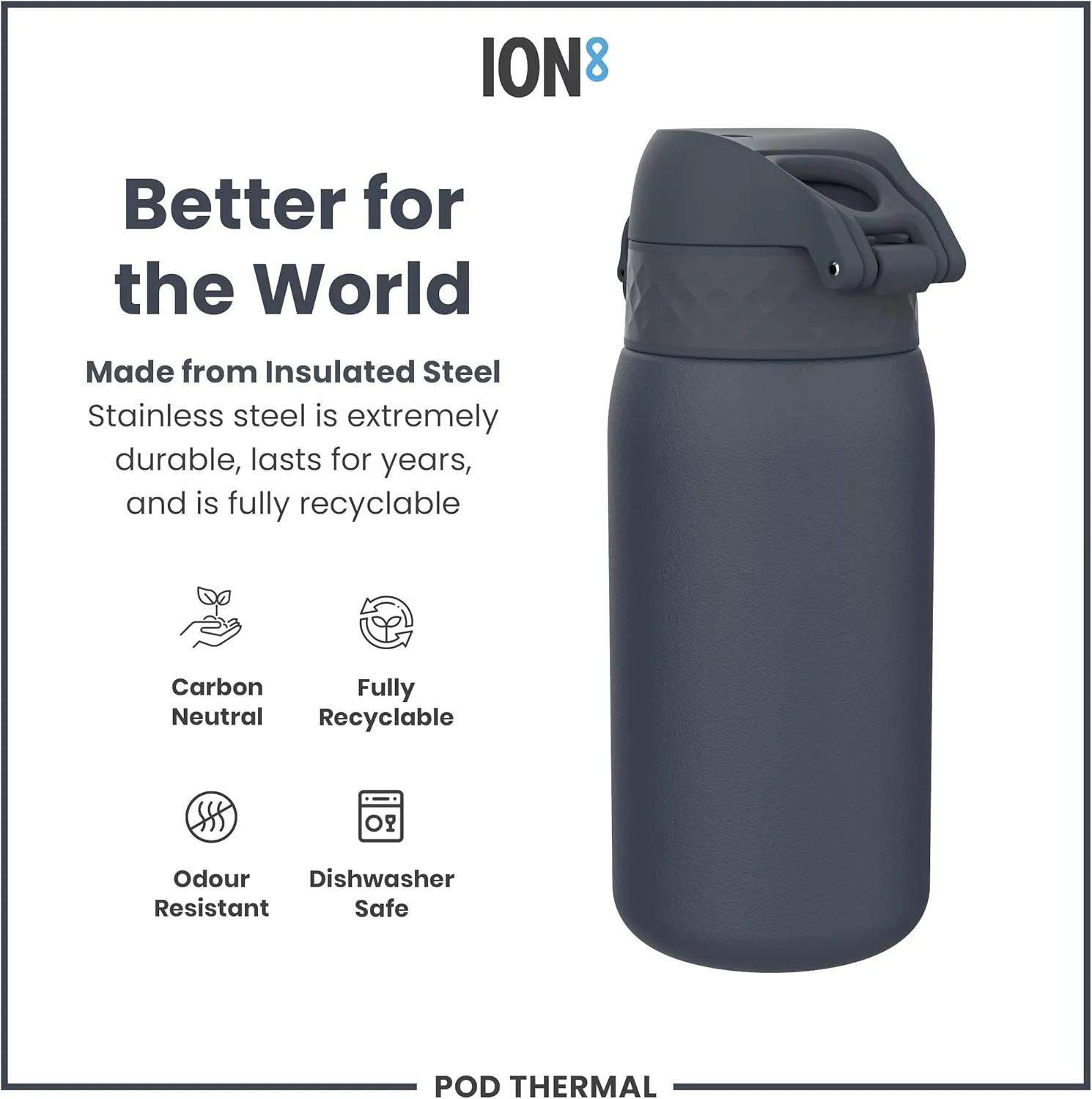 ION8 Insulated Steel Water Bottle, 320 ml/11 oz, Leak Proof, Easy to Open, Secure Lock, Dishwasher Safe, Carry Handle, Flip Cover, Scratch Resistant, Durable Stainless Steel, Carbon Neutral, Ash Navy