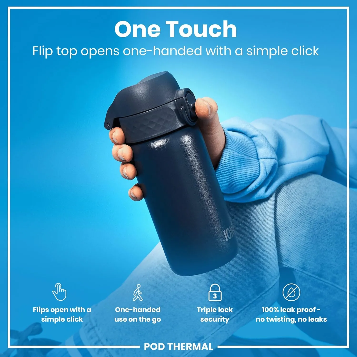 ION8 Insulated Steel Water Bottle, 320 ml/11 oz, Leak Proof, Easy to Open, Secure Lock, Dishwasher Safe, Carry Handle, Flip Cover, Scratch Resistant, Durable Stainless Steel, Carbon Neutral, Ash Navy