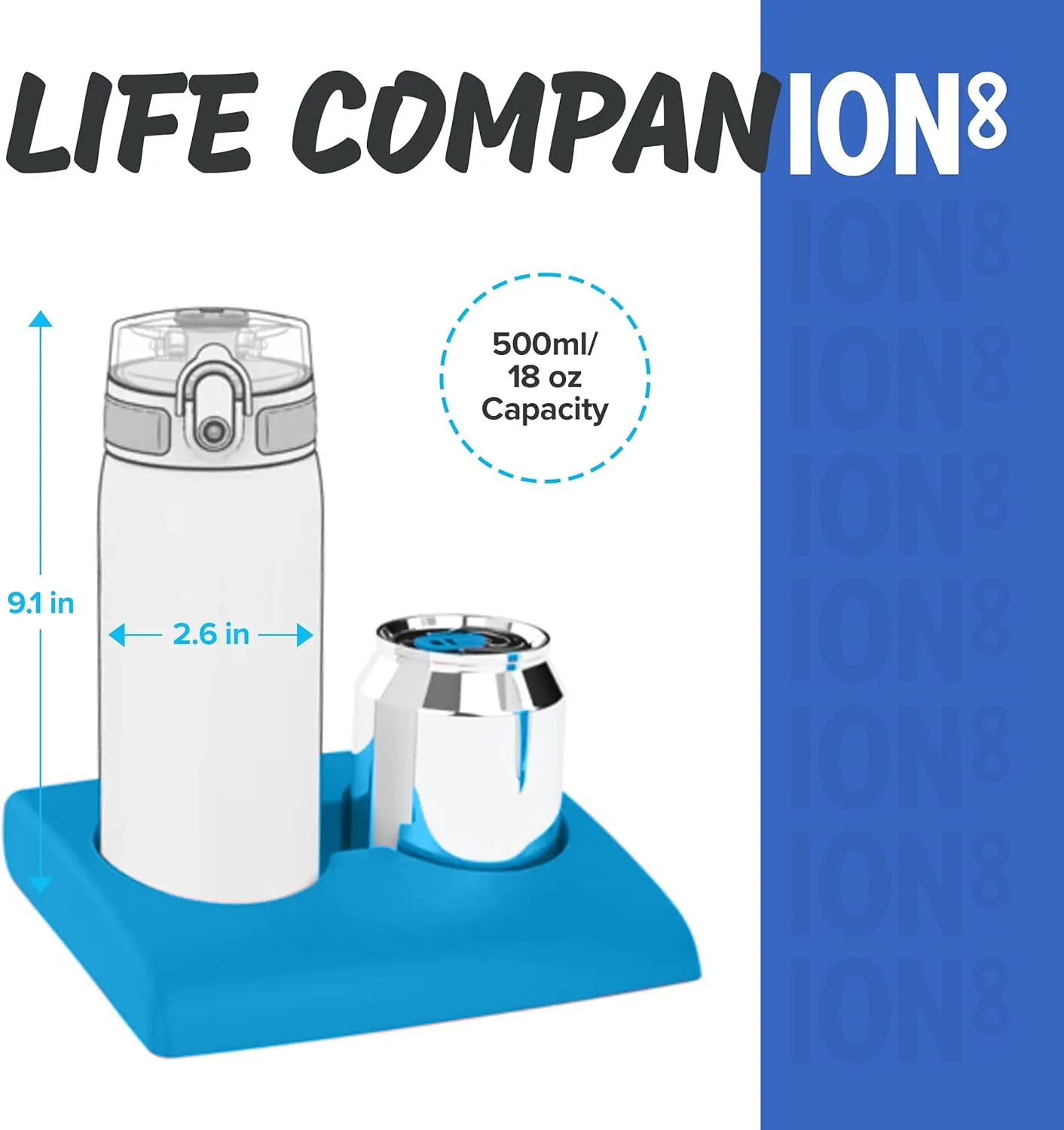 Ion8 Water Bottle, 500 ml/18 oz, Leak Proof, Easy to Open, Secure Lock, Dishwasher Safe, BPA Free, Hygienic Flip Cover, Carry Handle, Fits Cup Holders, Easy Clean, Odor Free, Carbon Neutral