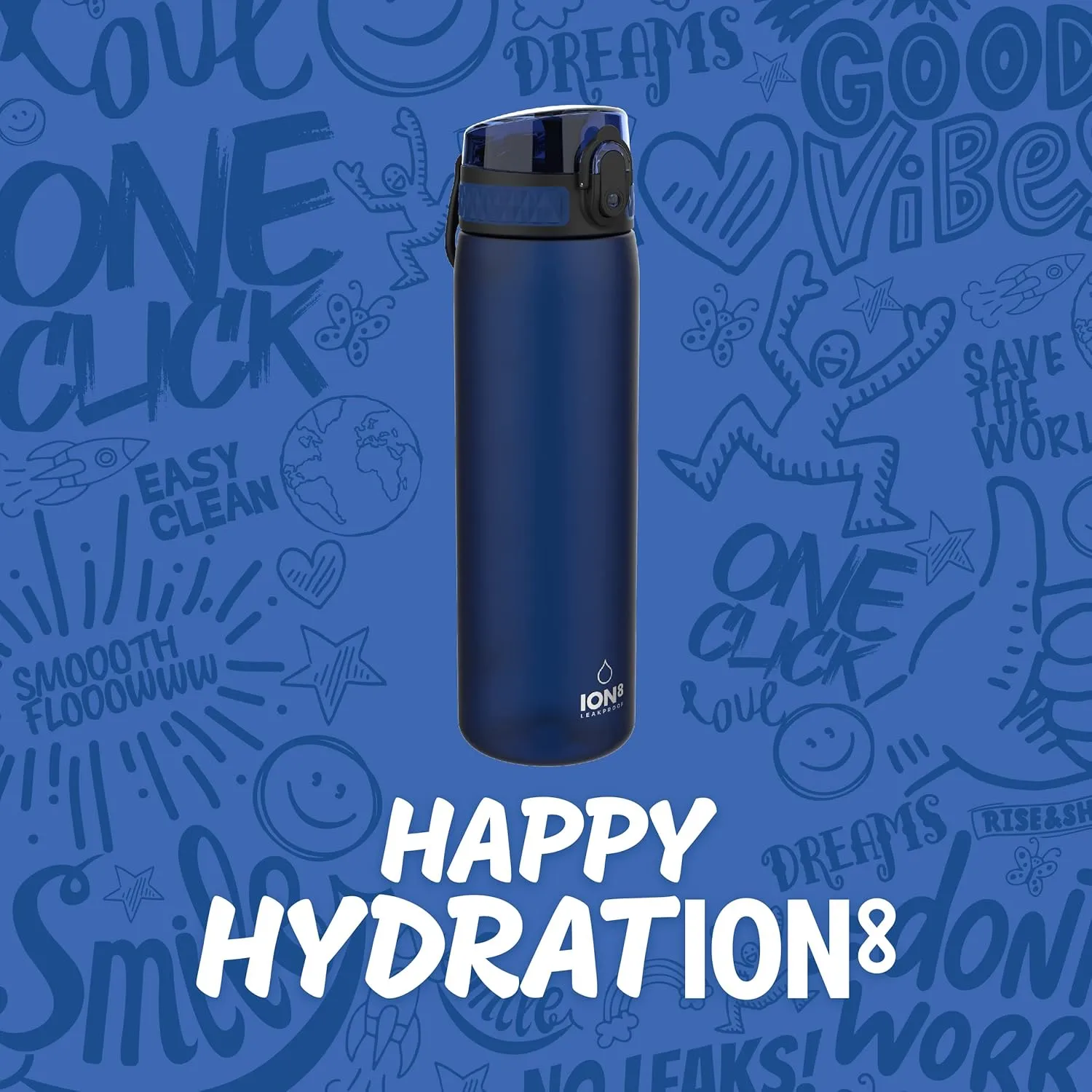 Ion8 Water Bottle, 500 ml/18 oz, Leak Proof, Easy to Open, Secure Lock, Dishwasher Safe, BPA Free, Hygienic Flip Cover, Carry Handle, Fits Cup Holders, Easy Clean, Odor Free, Carbon Neutral