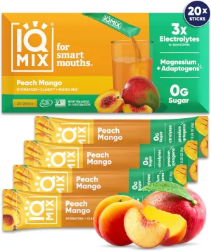 IQMIX Hydration Electrolyte Powder – 4-in-1 Formula for Hydration, Mental Clarity, Mood and Recovery – Sugar-Free Drink Mix, Keto, Magnesium L-Threonate, Lion’s Mane – 20 Count Peach Mango