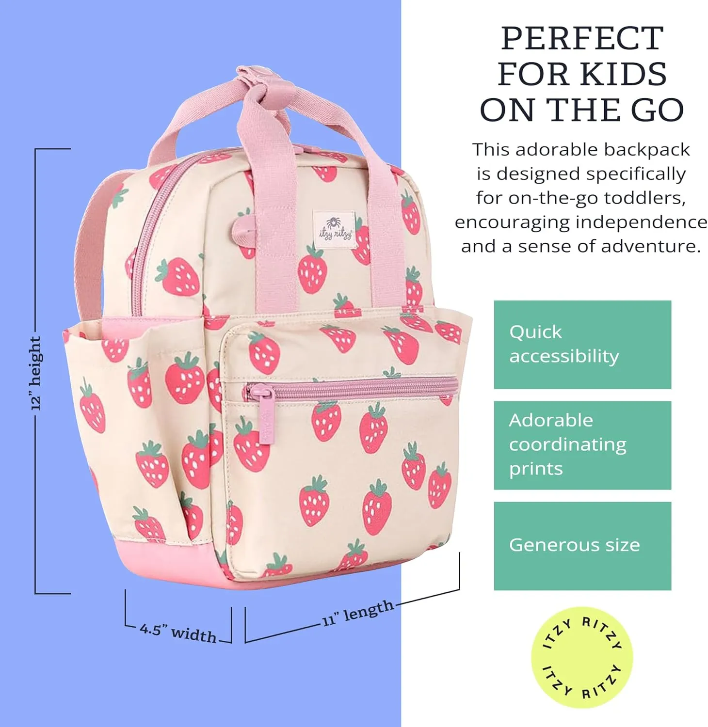 Itzy Ritzy Toddler Backpack - Daycare Bag - Features Adjustable Shoulder Straps, 2 Side Pockets & Spacious Interior with Wipeable Fabric Lining & Name Label, Strawberry Backpack