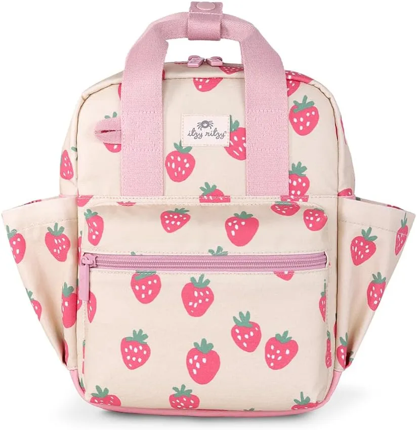 Itzy Ritzy Toddler Backpack - Daycare Bag - Features Adjustable Shoulder Straps, 2 Side Pockets & Spacious Interior with Wipeable Fabric Lining & Name Label, Strawberry Backpack