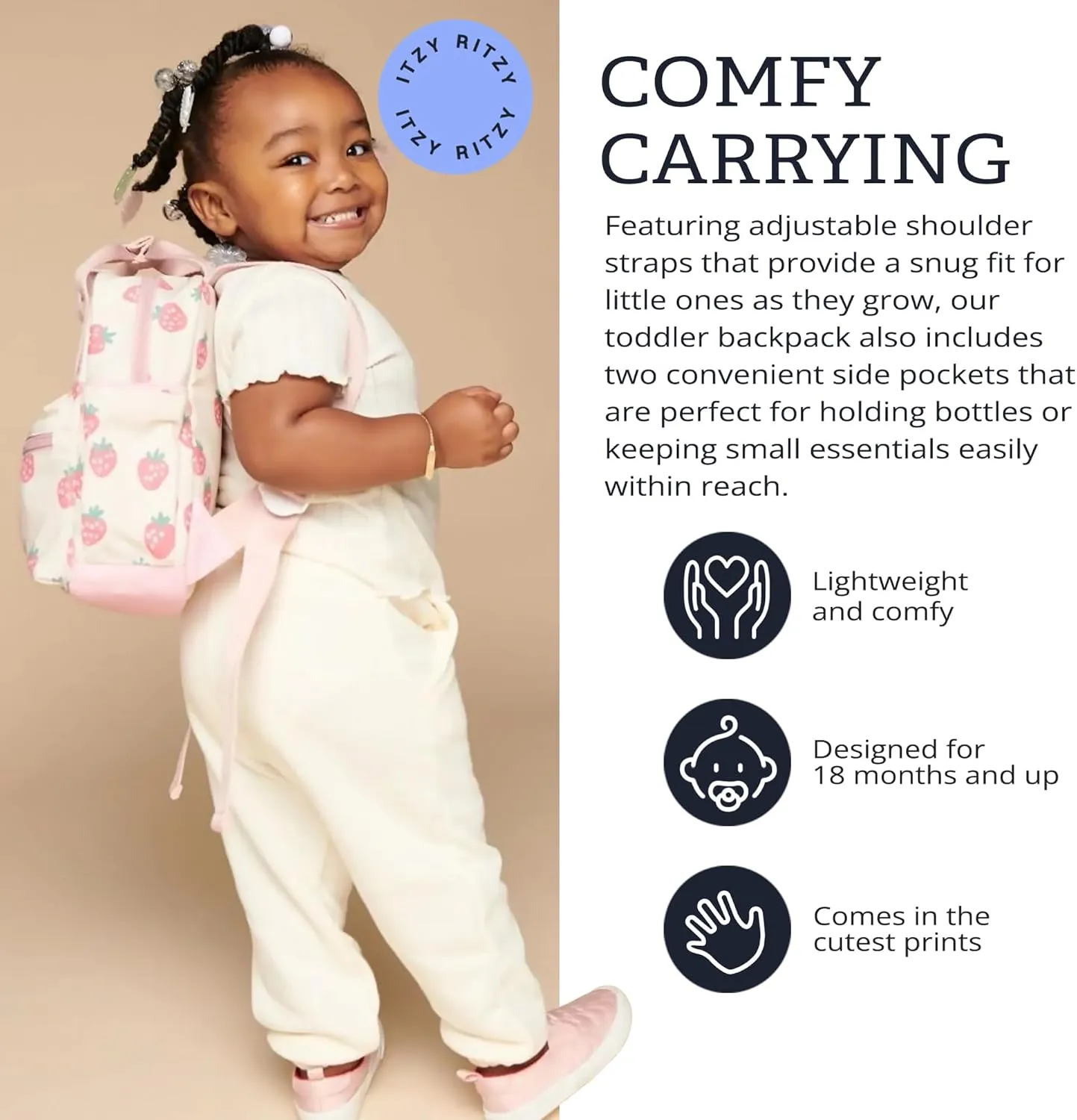 Itzy Ritzy Toddler Backpack - Daycare Bag - Features Adjustable Shoulder Straps, 2 Side Pockets & Spacious Interior with Wipeable Fabric Lining & Name Label, Strawberry Backpack