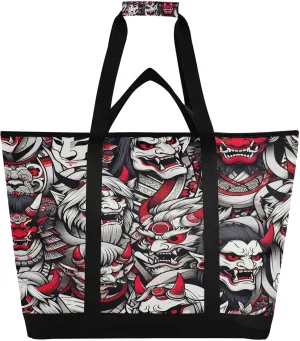 Japanese Oni Pattern Reusable Insulated Lunchbox Cooler Bag, Leakproof Kitchen Grocery Bag Collapsible Portable Cooler Tote Bag for Picnic, Camping, Office, Travel