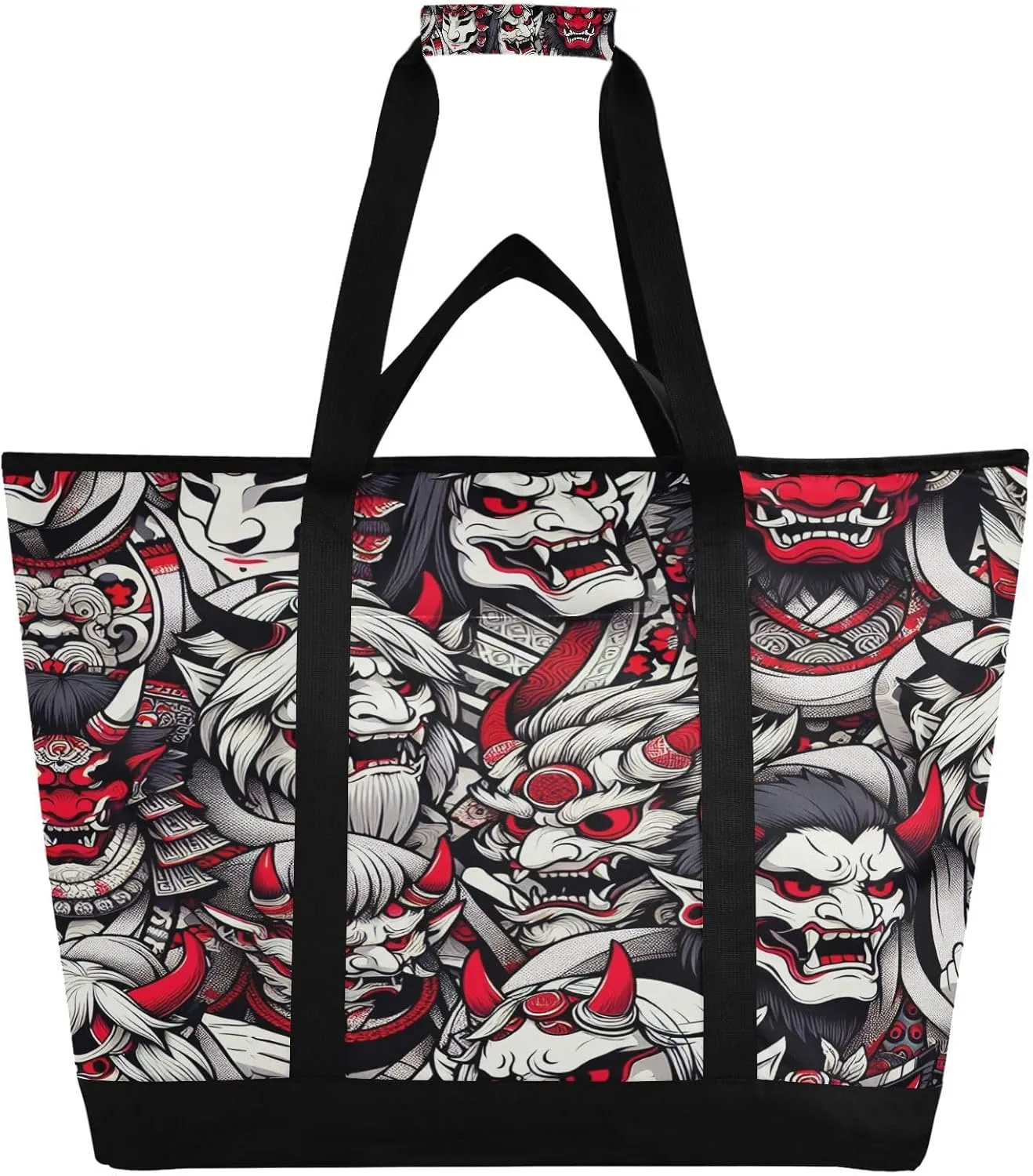Japanese Oni Pattern Reusable Insulated Lunchbox Cooler Bag, Leakproof Kitchen Grocery Bag Collapsible Portable Cooler Tote Bag for Picnic, Camping, Office, Travel