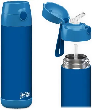 Jarlson® Charli Children's Stainless Steel Drinking Bottle with Straw - Thermos Flask 350 ml - TÜV Tested - BPA Free - Leak-Proof - Thermal Water Bottle for School, Nursery (Blue)