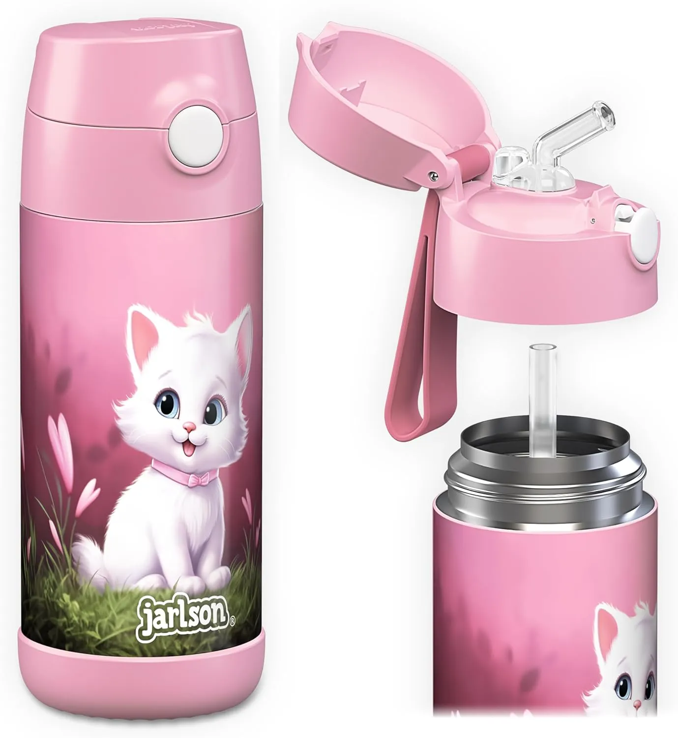 Jarlson® Charli Children's Stainless Steel Drinking Bottle with Straw - Thermos Flask 350 ml - TÜV Tested - BPA Free - Leak-Proof - Thermal Water Bottle for School, Nursery (Cat 'Neo')