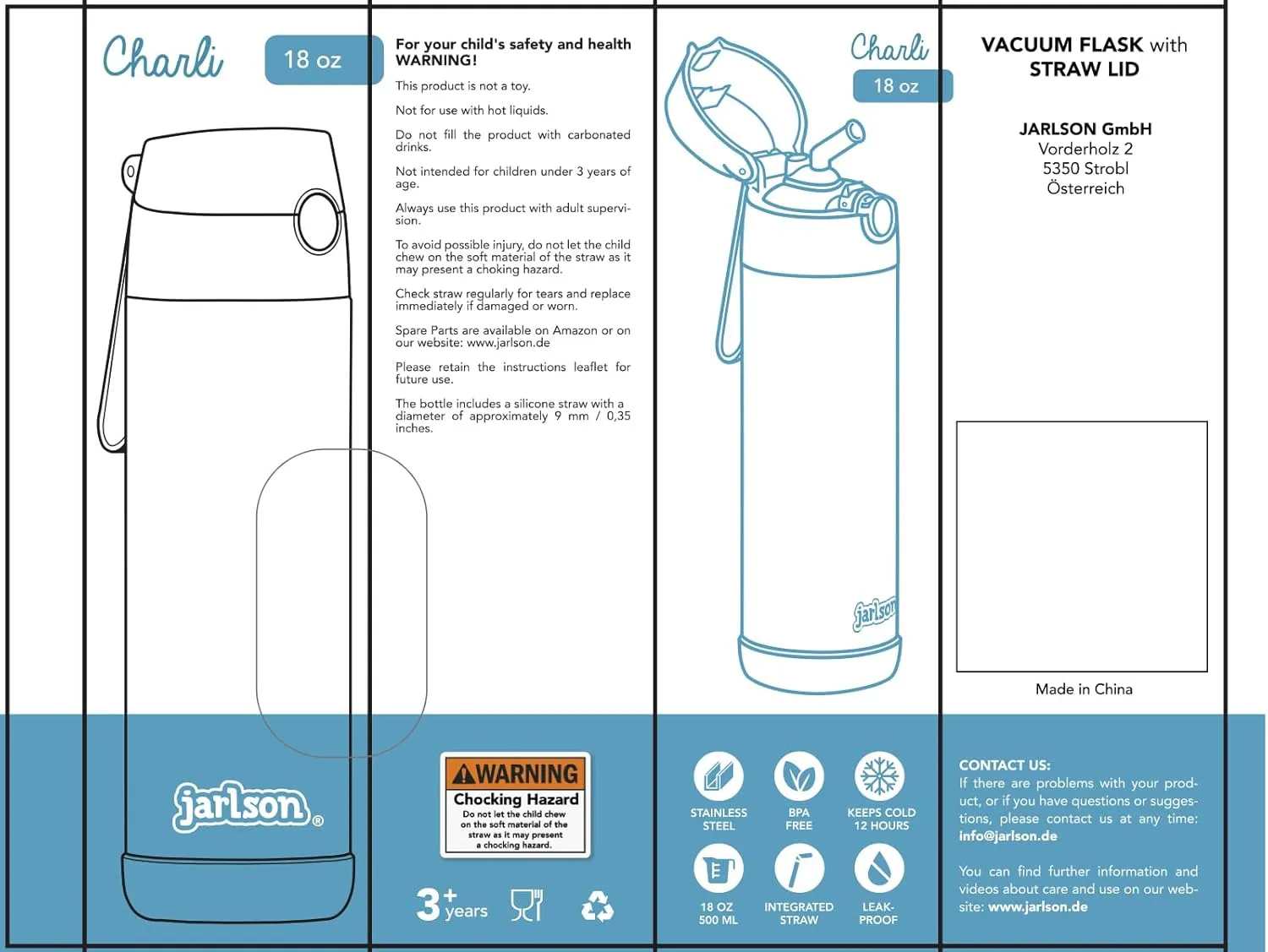 Jarlson® Charli Children's Stainless Steel Drinking Bottle with Straw - Thermos Flask 350 ml - TÜV Tested - BPA Free - Leak-Proof - Thermal Water Bottle for School, Nursery (Cat 'Neo')