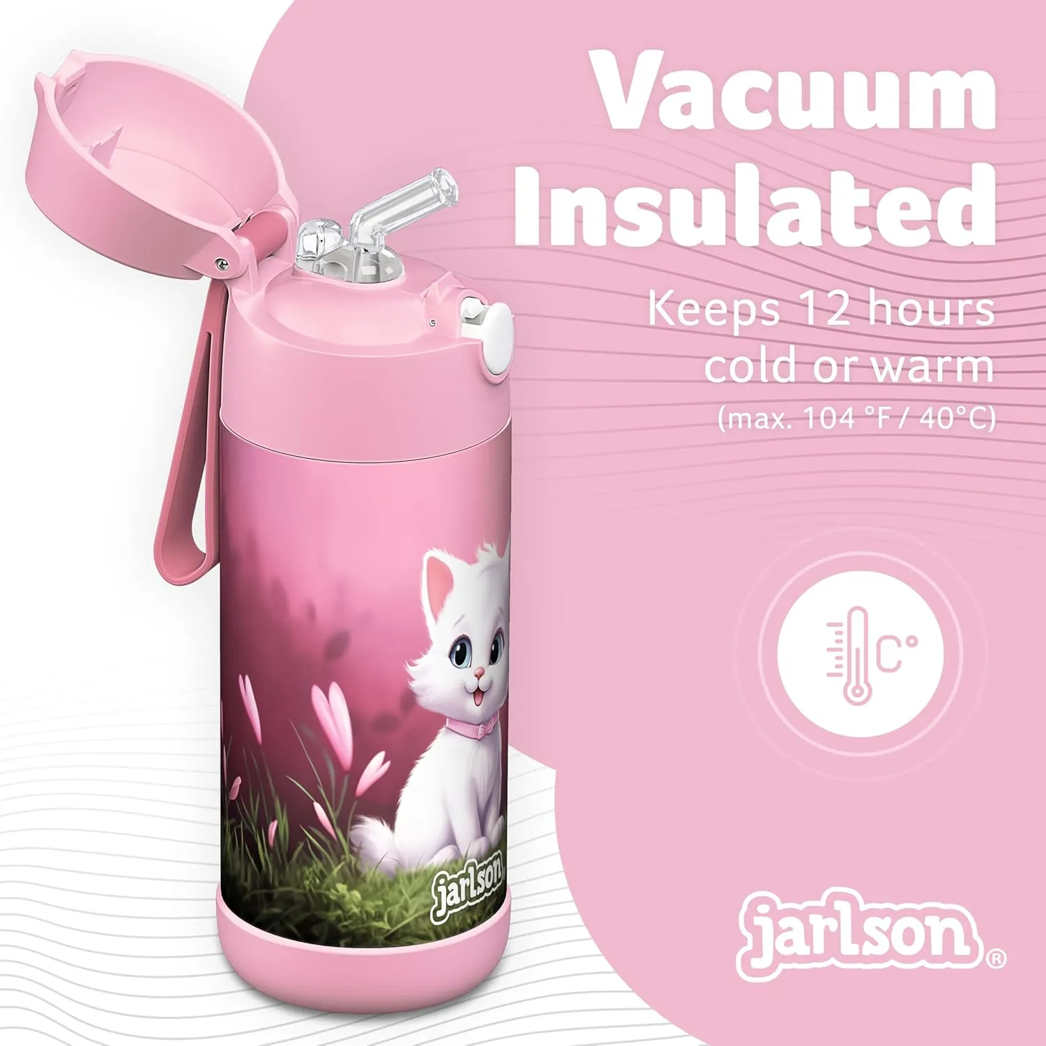 Jarlson® Charli Children's Stainless Steel Drinking Bottle with Straw - Thermos Flask 350 ml - TÜV Tested - BPA Free - Leak-Proof - Thermal Water Bottle for School, Nursery (Cat 'Neo')